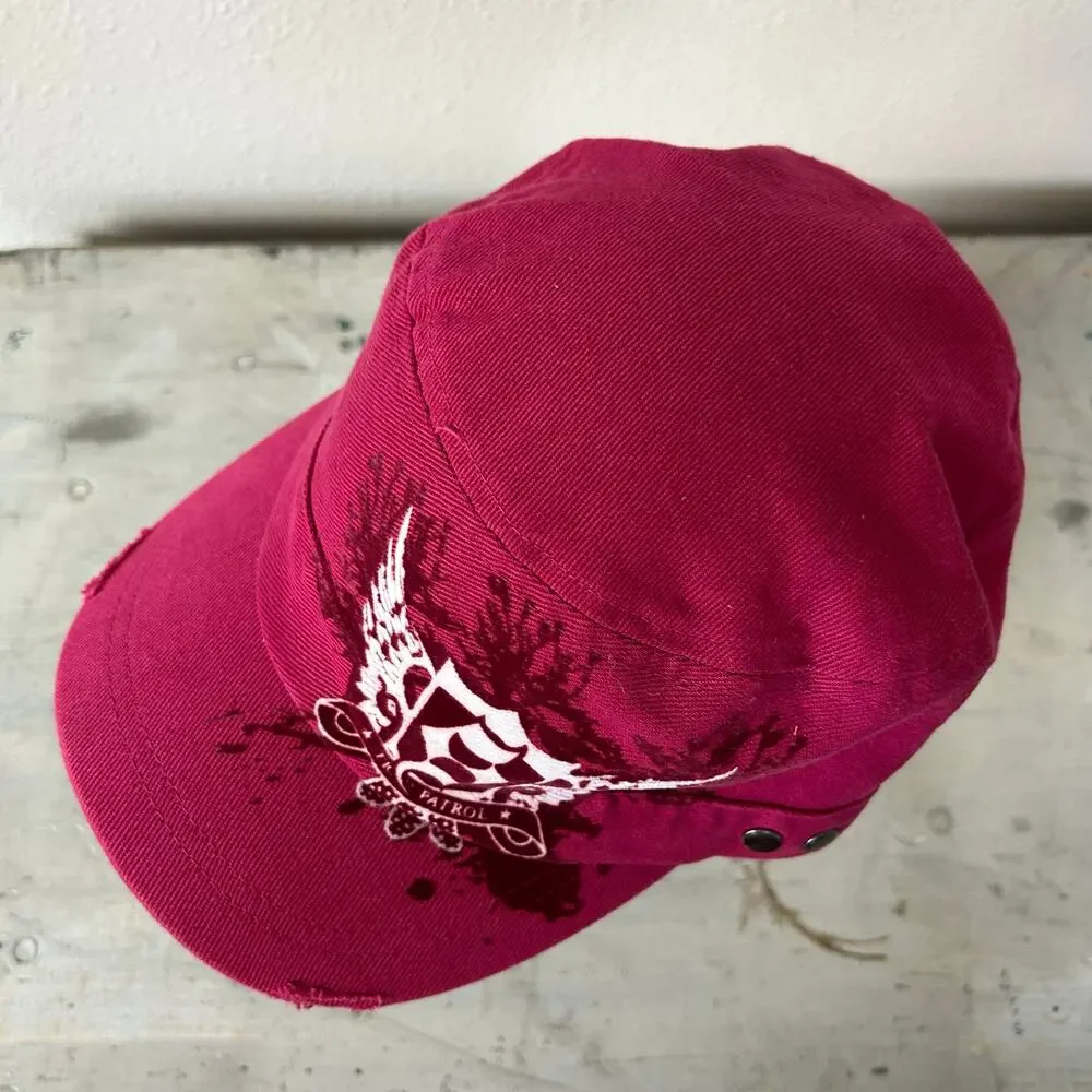 Vintage Y2K Pink Distressed Military Cadet Hat Flocked Graphic Biker Cap grunge - Picture 7 of 11